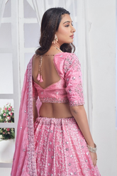 Lehenga Choli brodé en mousseline de soie rose bébé à paillettes